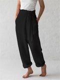 Minimalist Style High-Rise Side Tie Up Pocket Cotton Linen Pants