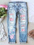 Women's Lovely Pink Flower Street Blue Denim Pants