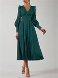 V-Neck Single Breasted High Waist Long Dress