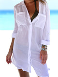 Semi-Sheer Side Slit Curved Hem Chest Pocket Classic Collar Thigh-Length Beach Blouse