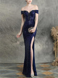 Gorgeous Off the Shoulder High Slit Sequin Evening Gown Dress