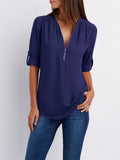 V-neck Zipper Loose Chiffon Blouses