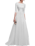 Round Neck 3/4 Sleeve A-Line Long Evening Dress for Formal Party