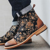 Men's Fashion Floral Printed Black Jack Boots