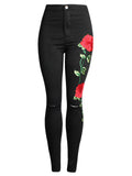 Women's Autumn Season 3D Red Floral Embroidery Slim Fit Jeans