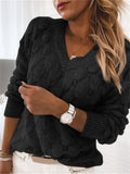 Women's Elegant Hollow Out Feather Pattern V Neck Pullover Knitted Sweaters