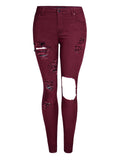 Summer Sexy Street Style Ripped Fit Wine Red Denim Jeans for Women