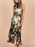 Elegant Floral Print Halter Sleeveless Party Dress