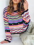 Stylish Stitching Knitted Loose Multicolor Round Neck Striped Sweater