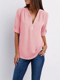 V-neck Zipper Loose Chiffon Blouses