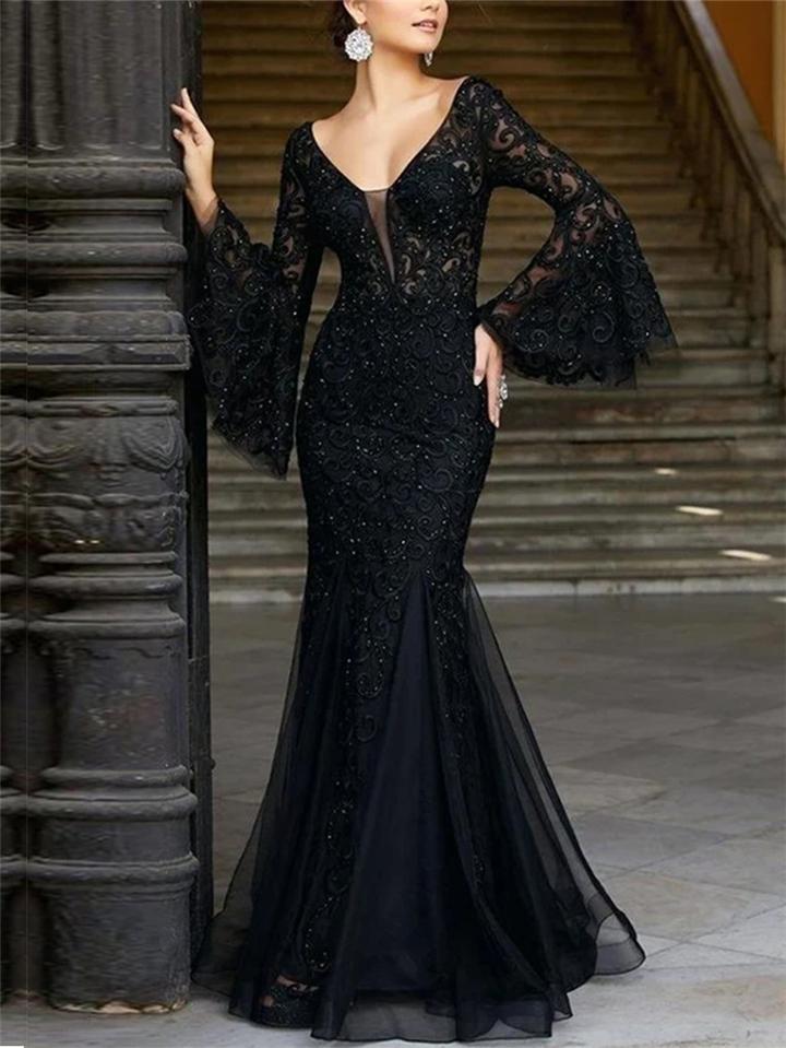 Flattering V Neck Floral Embroidery Bell Sleeve Trumpet Dress for Prom