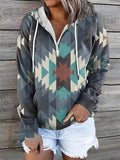 Women's Ethnic Diamond Printed Long Sleeve Pullover Hooded Sweatshirt