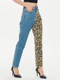 Fashion Leopard Print Straight-Leg Blue Denim Jeans for Women