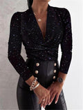 Trendy Deep V Neck Long Sleeve Leopard Printed Pullover Blouse