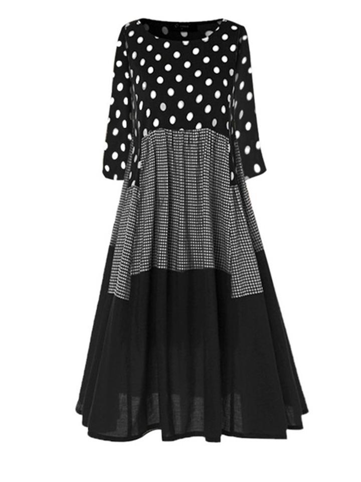 Vintage Style Scoop Neck Polka Dot Long Sleeve Pleated Maxi Dress