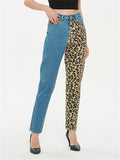 Fashion Leopard Print Straight-Leg Blue Denim Jeans for Women