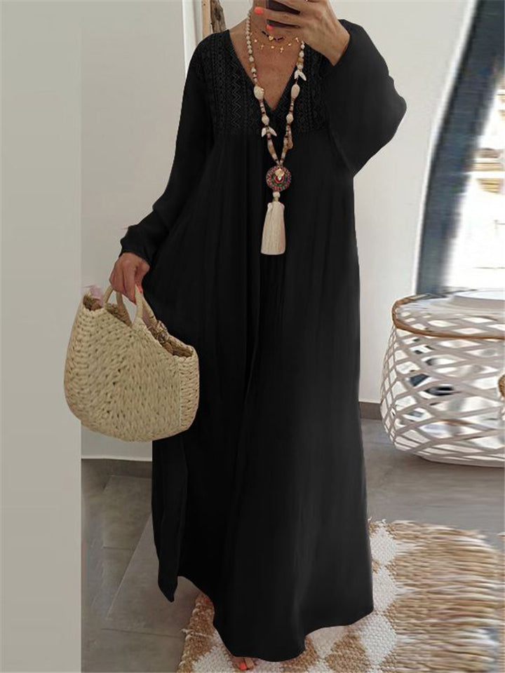 Soft Touch Ruffled Detailing V Neck Long Sleeve Loose Fit Maxi Nightgown