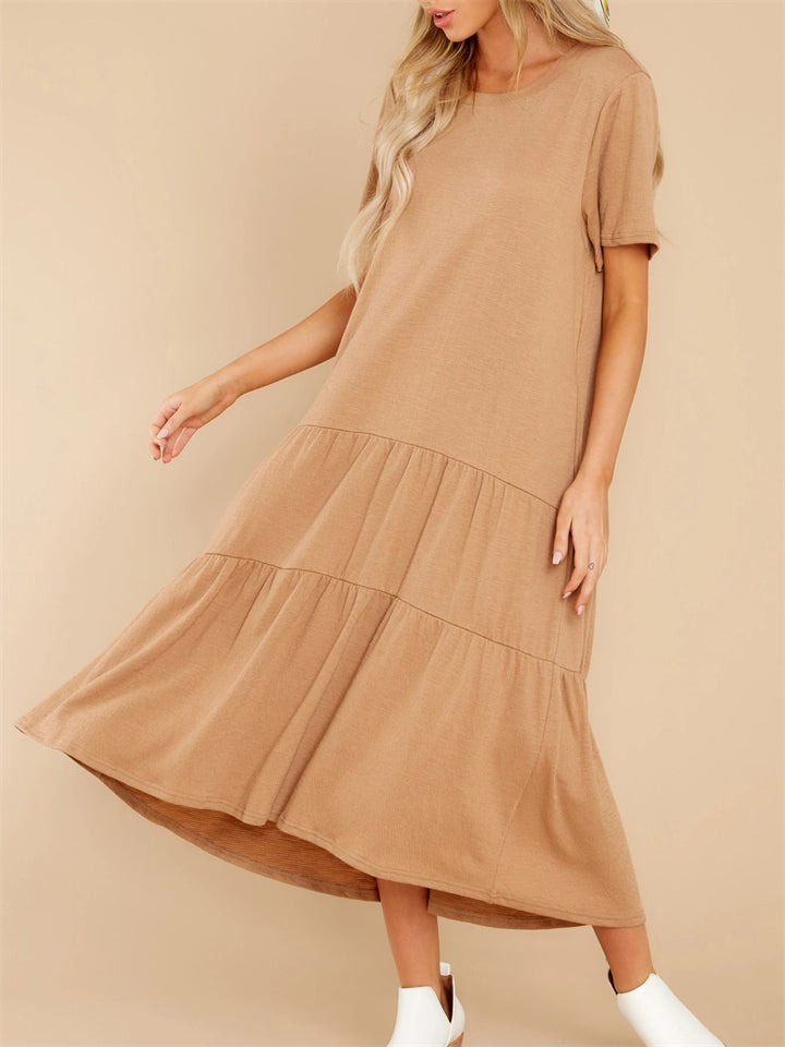 Comfortable Knitted Solid Color Mid-Waist Short-Sleeved Dress