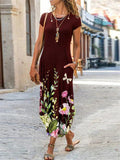 Round Neck Short Sleeve Pocket Floral All-Over Print Curved Hem Dress