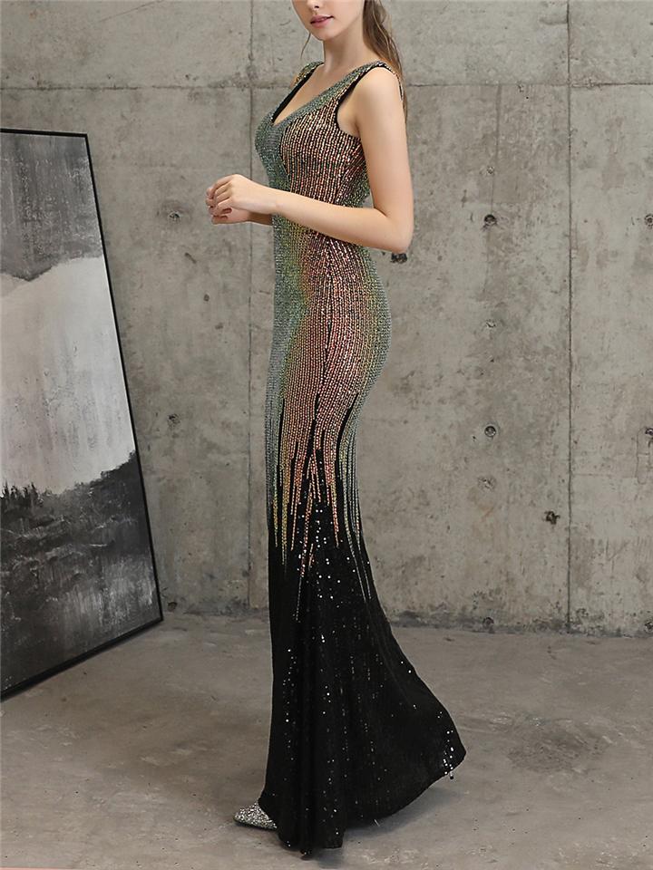 Exquisite Sequined V Neck Mermaid Maxi Dress for Evening Party