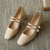 Luxury Simple Square Toe Pearl All Match Women's Pumps