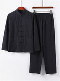 Retro Style Linen 2-Piece Outfit Button Collar Shirt + Full-Length Elastic Waistband Pants