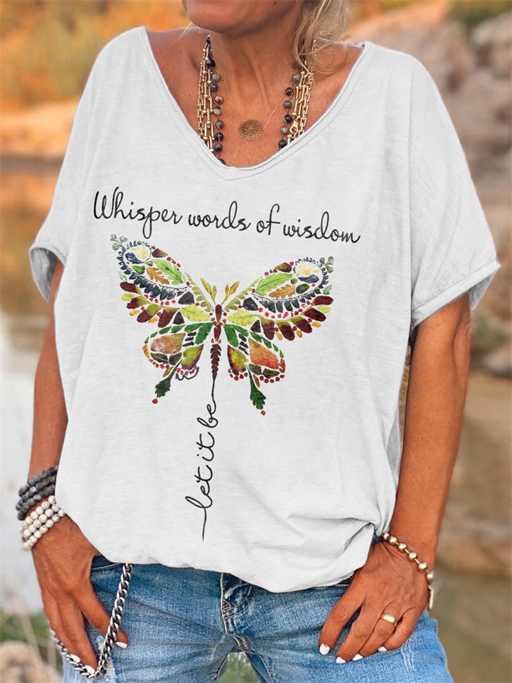Simple Solid Color Letter Butterfly Print Female Shirt