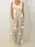Laid-Back Scoop Neck Front Patch Pocket Daisy Print Straight-Leg Jumpsuit