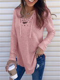 Women's Casual Solid Color Lace-up Neck Long Sleeve Tops