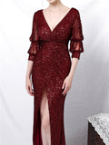 Elegant Sexy Deep-V Design Solid Color Split Decorated Sequins Evening Dresses