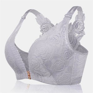 Rose Embroidery Back Front Closure Lace Bras - Gray