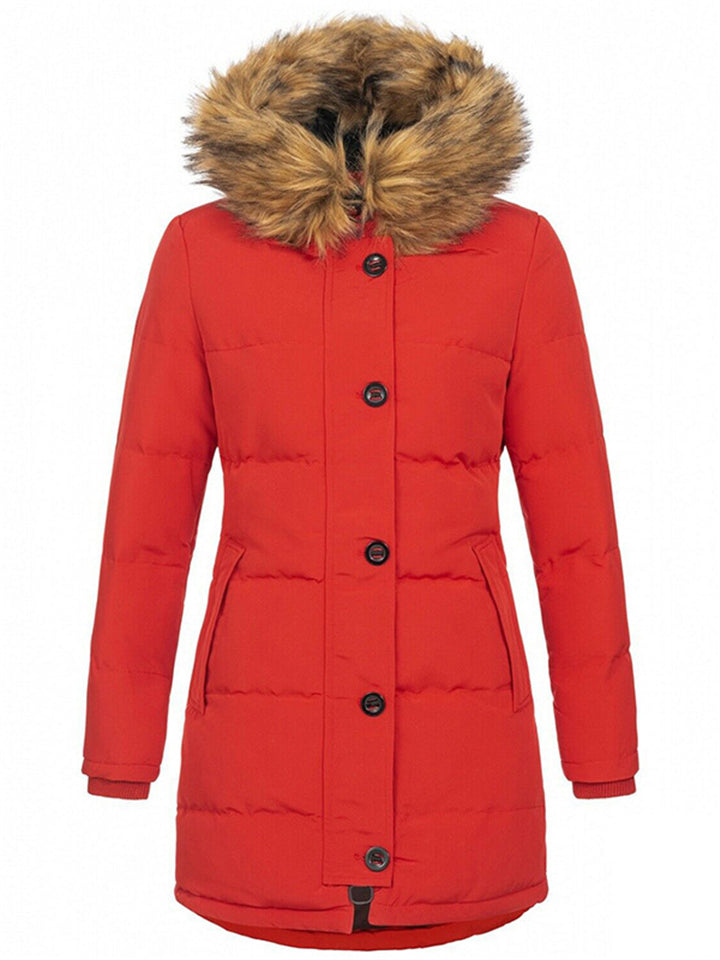 Trendy Slim Faux Fur Collar Hooded Solid Color Coat With Pockets