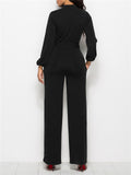 Fashion Minimalist Solid Color Long Sleeve Lace-up Waist Jumpsuits