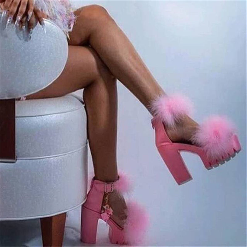Fashion Fluffy Chunky Heel Pumps Sandals for Women