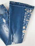 Women's Washed Effect Floral Embroidery Bell Bottoms Jeans for Summer Autumn