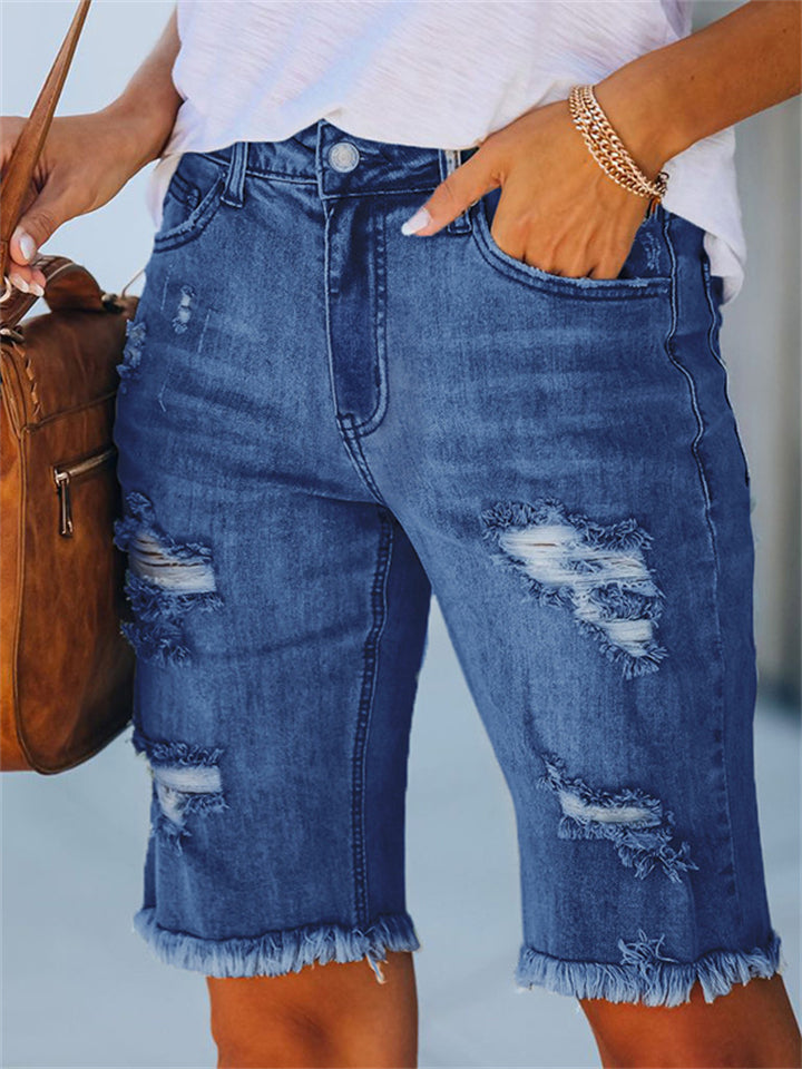 Trendy Solid Color Ripped Short Denim Pants