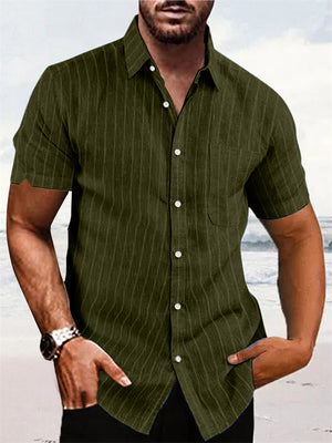 Summer Vertical Stripe Short Sleeve Button Down Linen Shirt for Men