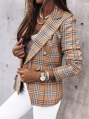 New Office Lady Elegant Turn-Down Collar Plaid Long Sleeve Coats