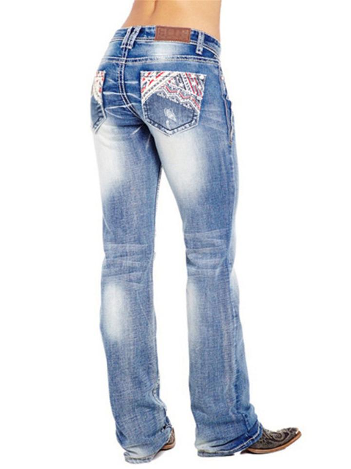 Stylish Embroidery Washed Effect Pocket Straight Leg Jeans