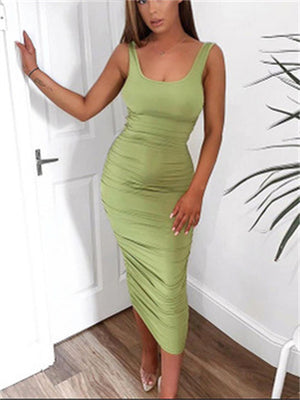 Solid Color Square Neck Sleeveless Slim Dress