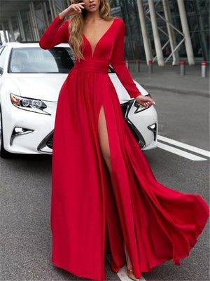 Flowing V Neck Thigh High Slit Dress for Evening Party