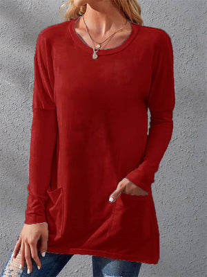 Warm Loose Round Neck Long Sleeve Pockets Women's T-shirts