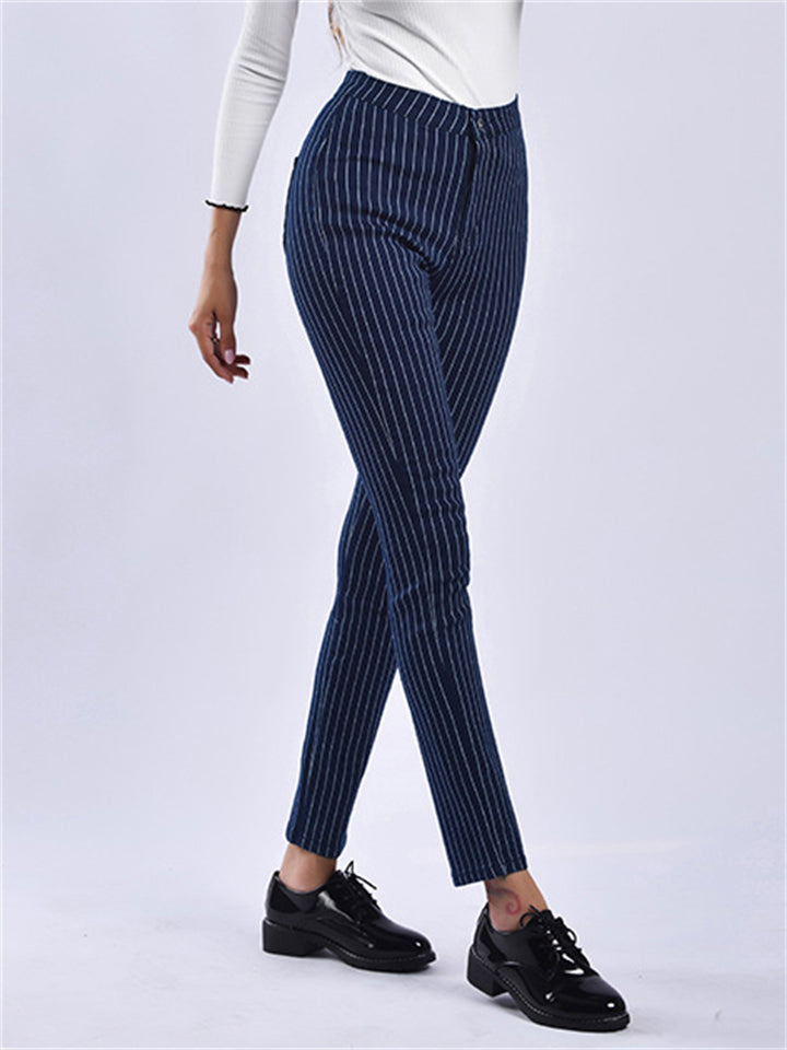 Slim Fit Blue White Stripe Fashion Women Denim Jeans