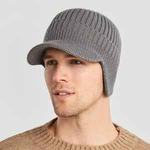 Men’s Warm Windproof Ribbed Knitted Brim Cap with Ear Flaps