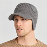 Men’s Warm Windproof Ribbed Knitted Brim Cap with Ear Flaps