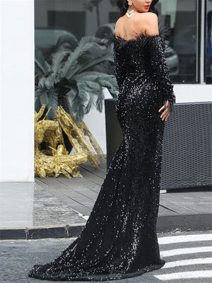 Gorgeous Sequined Off Shoulder Sweep Train Dress for Evening Party