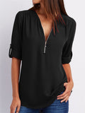 V-neck Zipper Loose Chiffon Blouses