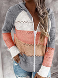 Zip Up Color Block Hooded Cardigan With Ajustable Drawstring
