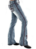 Casual Style Mid-Rise Embroidered Ripped Pocket Straight Jeans