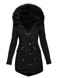 Women's Trendy Artificial Fur Collar Hooded Thermal Coat With Pockets
